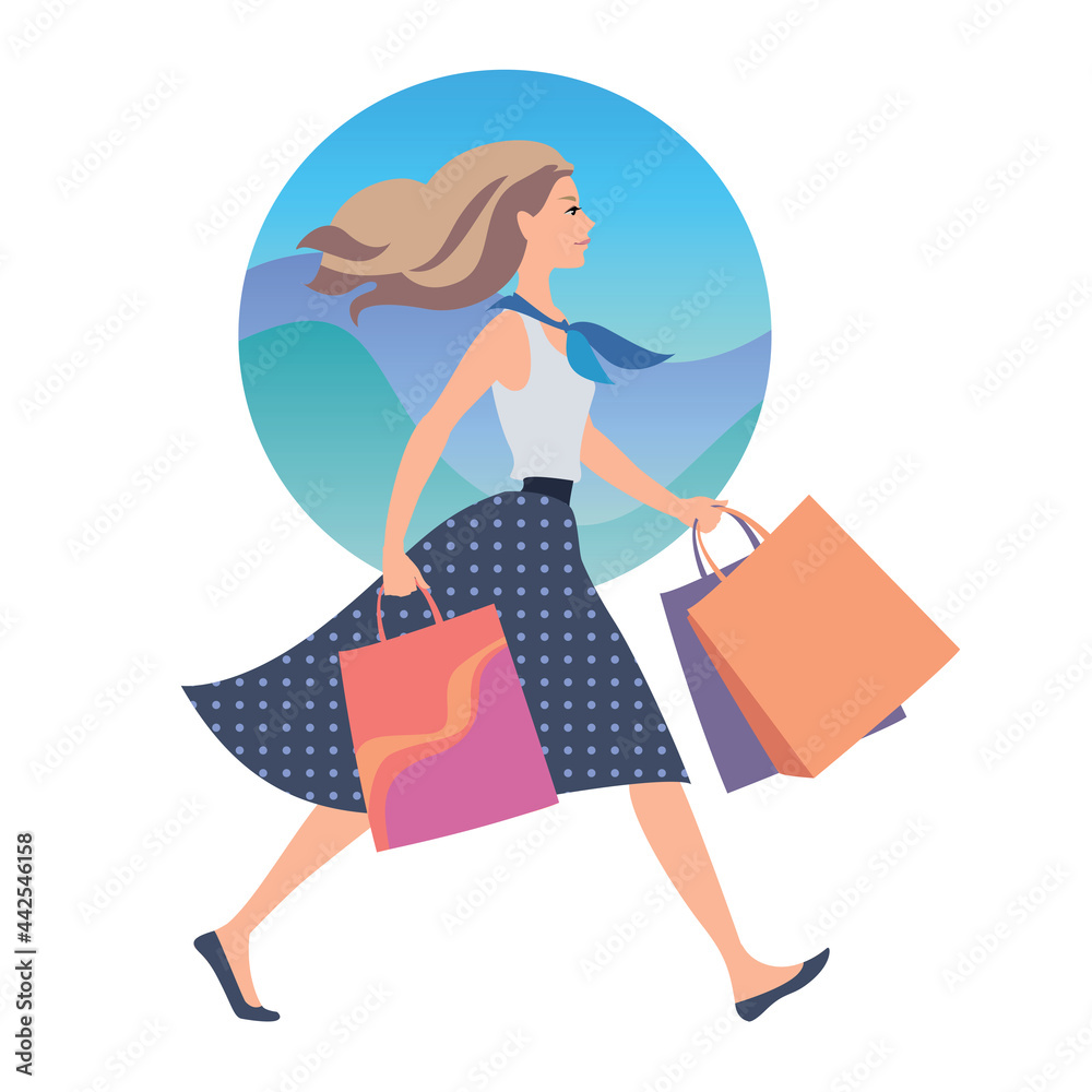 Smiling fashionista girl walking fast with shopping bags 