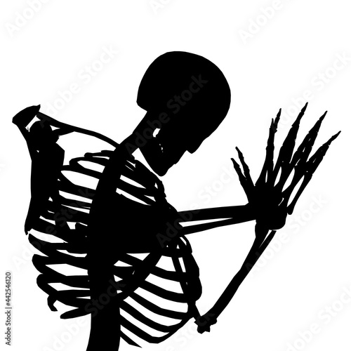 Silhouette of a skeleton kneeling and praying isolated on a white background. Vector illustration