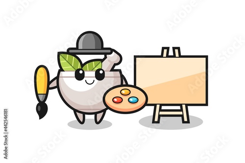 Illustration of herbal bowl mascot as a painter