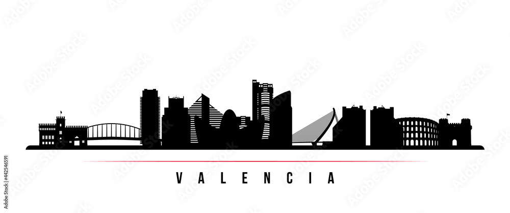 Valencia skyline horizontal banner. Black and white silhouette of Valencia, Spain. Vector template for your design.