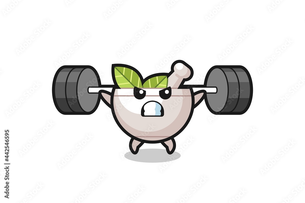 herbal bowl mascot cartoon with a barbell herbal bowl mascot cartoon with a barbell