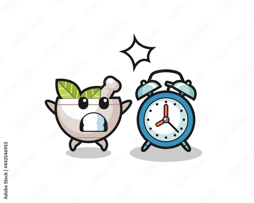 Cartoon Illustration of herbal bowl is surprised with a giant alarm clock Cartoon Illustration of herbal bowl is surprised with a giant alarm clock