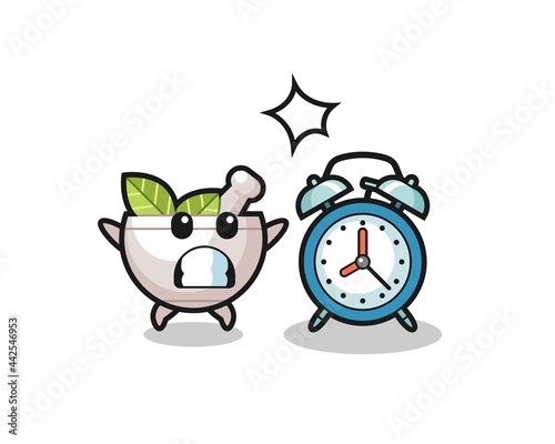 Cartoon Illustration of herbal bowl is surprised with a giant alarm clock