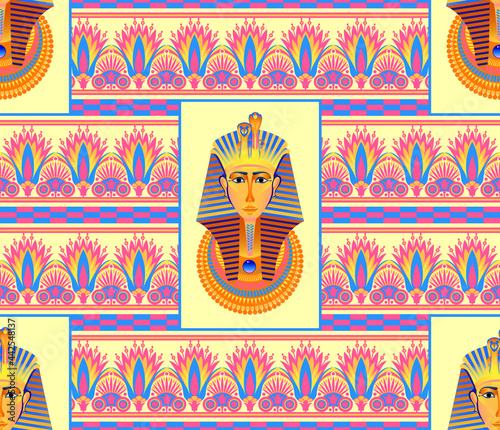 Pharaoh's image. Stylization for the culture of ancient egypt. Seamless pattern. Vector graphics