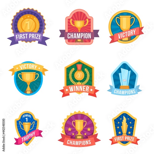 Champion emblems. Trophy cups and medals on award logos and sport league badges. Tournament victory. Cartoon winner first prize vector set