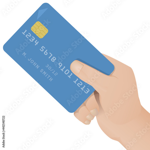 A hand presents a blue bank card