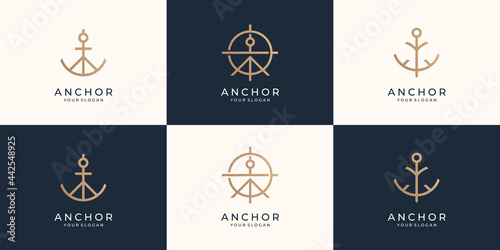 set of minimalist anchor logo. symbols anchors ship or boat. marine retro logotypes template. Premium Vector
