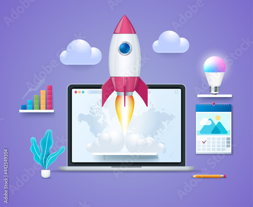 Start up project concept. Laptop with launching rocket on screen. Starting a new business project. Smart led lightbulb, graph on the shelves. Web vector illustration in 3D style
