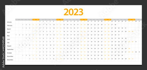 Calendar 2023 week start Monday corporate design planner template.