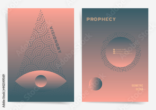 Conspiracies and surveillance modern art gradient 3d blend poster layout collection. For poster, identity, brochure, book, magazine cover, placard. Wavy lines, 3d hologram, halftone vector background.