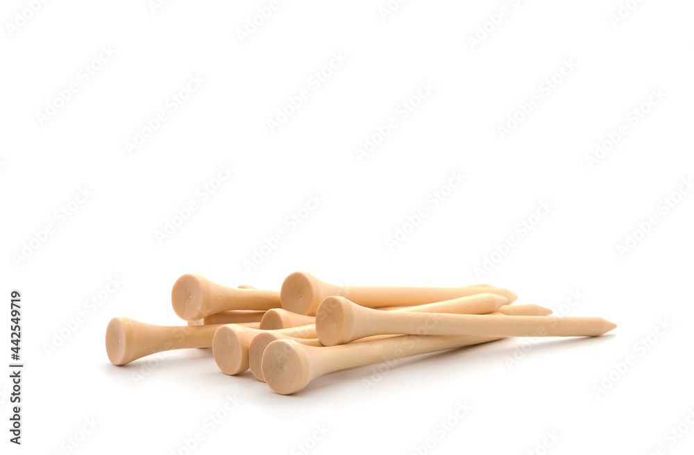 Golf tees on white background.