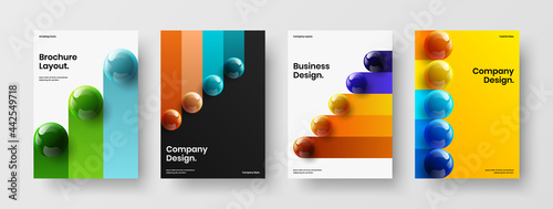 Bright leaflet design vector layout composition. Amazing 3D balls company brochure illustration bundle.