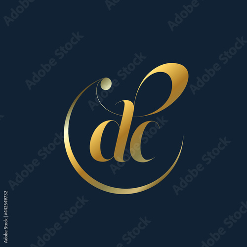 DC monogram logo.Typographic signature icon.Lowercase letter d and letter c.Lettering sign isolated on dark background.Gold alphabet initials.Elegant, luxury, fashion, beauty style.