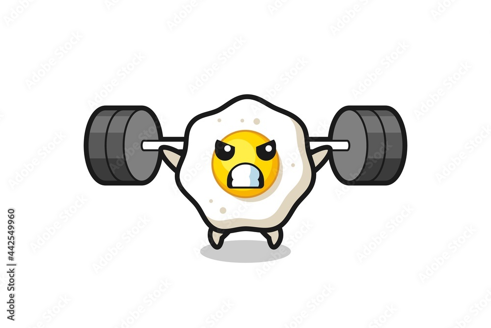 fried egg mascot cartoon with a barbell