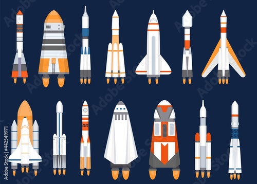Space rockets. Flat spaceship shuttles launched for cosmic explore mission. Futuristic galaxy travel technology, spacecraft ship vector set