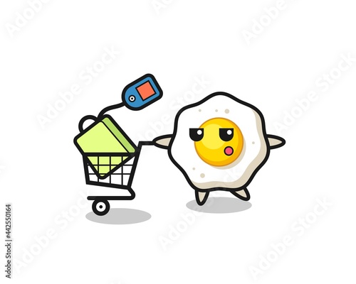 fried egg illustration cartoon with a shopping cart