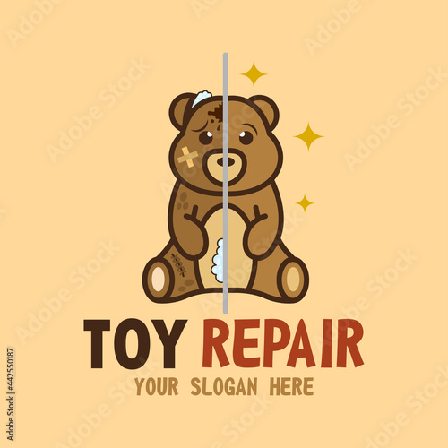 Toy Repair Shop vector isolated logo. Concept of fix Antique old plush Toys. Before and after Toys Restoration Service concept. Broken teddy bear.