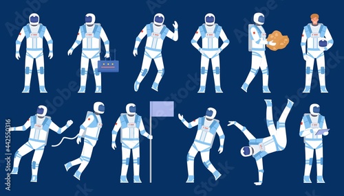 Astronaut poses. Spaceman dancer, stand with flag, float in space. Flat character in cosmonaut suit and helmet. Cosmic explorers vector set