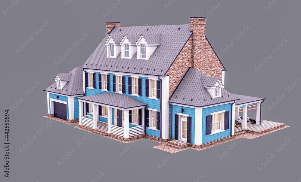 3d rendering of modern cozy classic house in colonial style with garage and pool for sale or rent in evening. Isolated on gray. 3d rendering of modern cozy classic house in colonial style with garage and pool for sale or rent in evening. Isolated on gray.