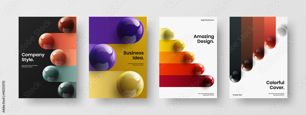Fresh corporate cover design vector concept bundle. Premium realistic balls poster layout composition.
