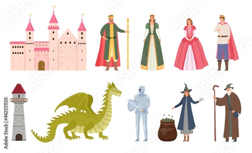 Fairytale characters. Cartoon medieval prince and princess, dragon, knight, witch and wizard. Magic royal castle, queen and king vector set
