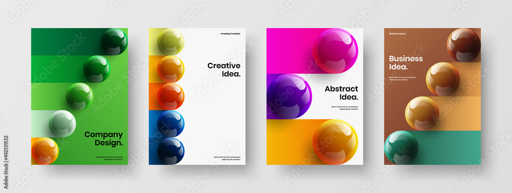 Premium 3D spheres corporate identity layout set. Trendy presentation vector design illustration collection.