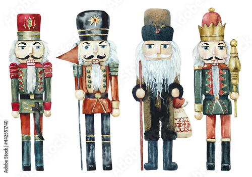 Christmas toy. Nutcracker from wood. Watercolor hand drawing illustration