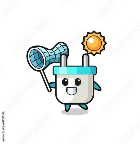 electric plug mascot illustration is catching butterfly