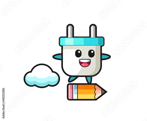 electric plug mascot illustration riding on a giant pencil