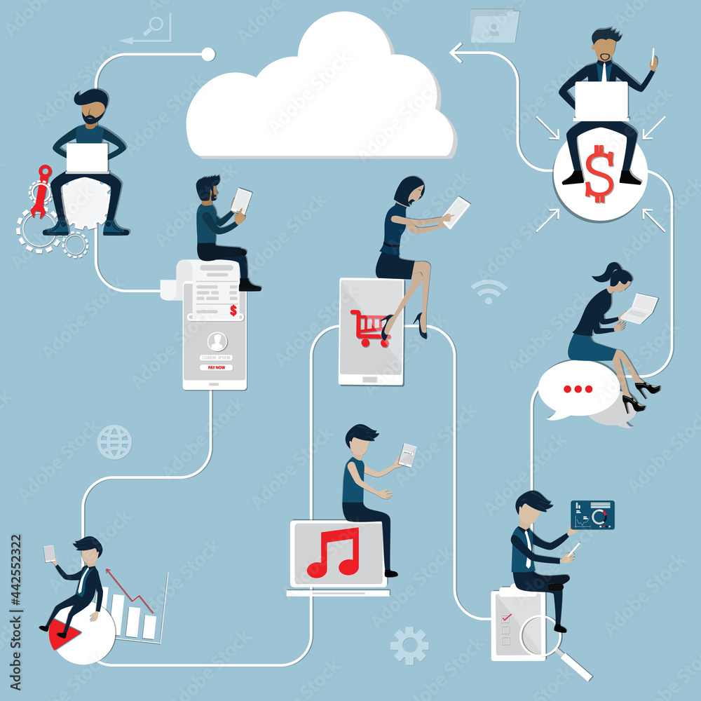 Flat of cloud technology,Many people sitting on the icon and using their laptop or smartphone for work - Vector