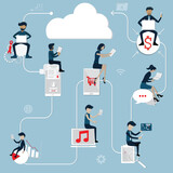 Flat of cloud technology,Many people sitting on the icon and using their laptop or smartphone for work - Vector