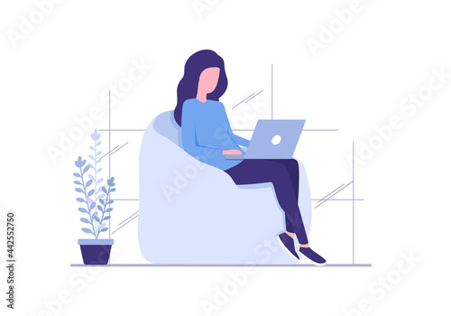 Work and study at home concept. Colored vector flat illustration. A person with a laptop. Isolated on white background. 