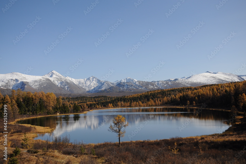 Scenic view of Kidelyu mountain lake and snow-capped mountain peaks in Altai Scenic view of Kidelyu mountain lake and snow-capped mountain peaks in Altai