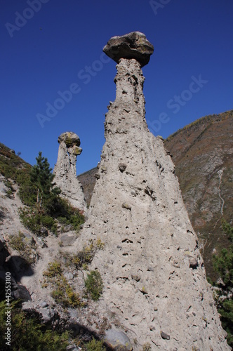 Natural rock formations Stone mushrooms in Chulyshman river valley, Altai mountains, Siberia, Russia