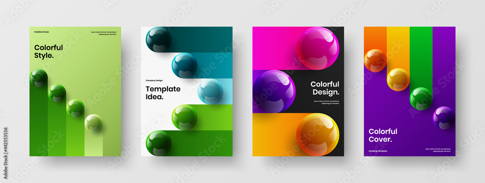 Premium realistic spheres presentation template bundle. Isolated pamphlet A4 vector design illustration set.