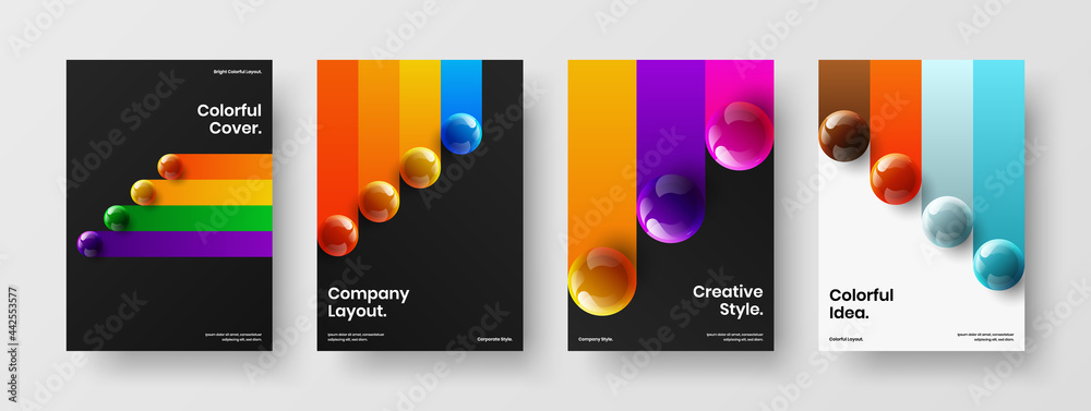 Fresh realistic spheres annual report layout set. Isolated book cover vector design illustration bundle. - obrazy, fototapety, plakaty 