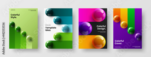 Premium realistic spheres presentation template bundle. Isolated pamphlet A4 vector design illustration set.