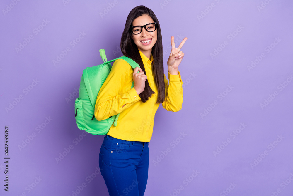 Photo of charming pretty lovely young woman make v-sign wear rucksack isolated on purple color background Photo of charming pretty lovely young woman make v-sign wear rucksack isolated on purple color background