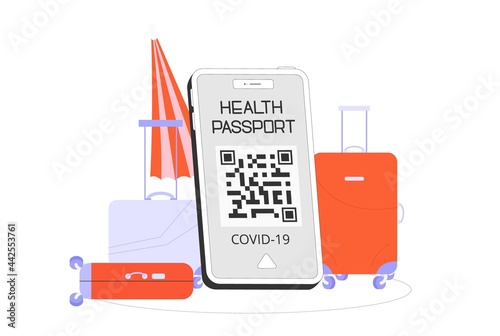 Flat vector illustration with health passport mobile application or Covid19 vaccination passport. Travel during the pandemic.