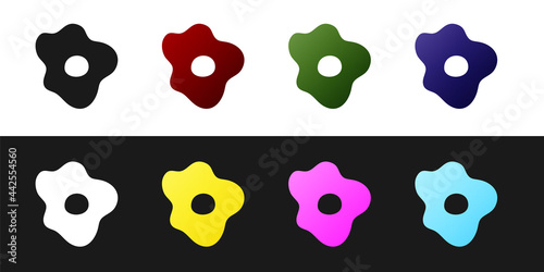 Set Scrambled eggs icon isolated on black and white background. Home cooked food, fried egg, healthy breakfast, omelet icon. Vector