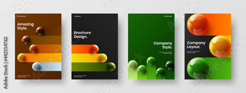 Geometric front page vector design illustration bundle. Clean 3D balls booklet template set.