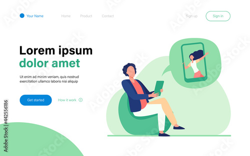 Young guy sitting in chair and chatting with girl. Smartphone, date, friend flat vector illustration. Communication and digital technology concept for banner, website design or landing web page