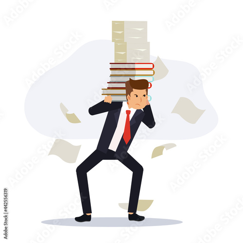 Businessman carrying a heacy stack of paper.Business concept too overload work.Flat vector cartoon character illustration.