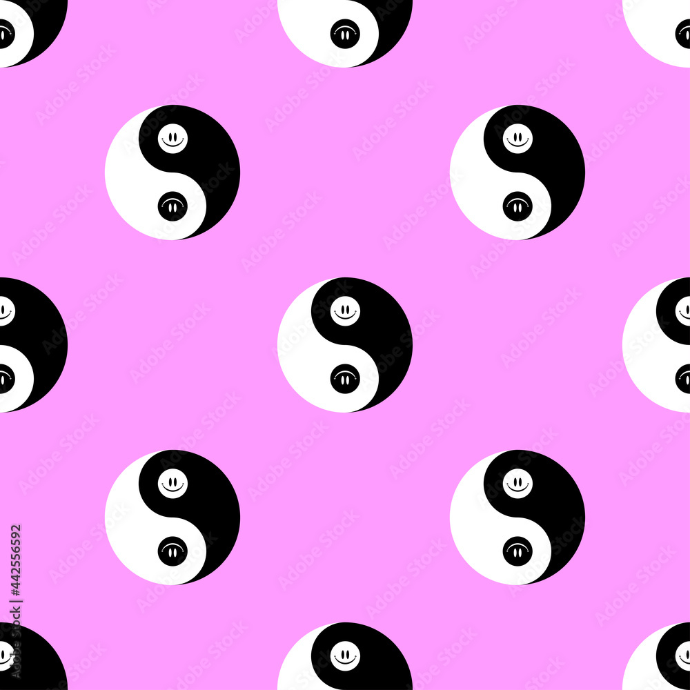 Yin and yang with happy face in pink background. Vector seamless pattern Yin and yang with happy face in pink background. Vector seamless pattern
