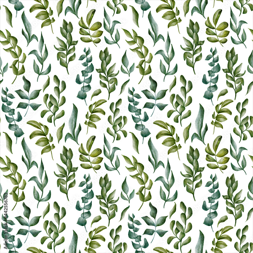 Beautiful watercolor foliage seamless pattern with green leaves on the white background. Elegant hand-drawn nature ornament for wrapping paper, fabric, paper for scrapbooking, wedding invitations, etc