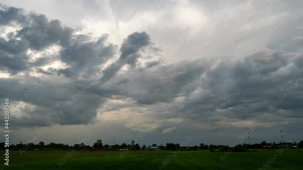 4K-Time lapse Nature dark sky background - lightnings in sunset sky with dark clouds and rain over rice fields. 4K-Time lapse Nature dark sky background - lightnings in sunset sky with dark clouds and rain over rice fields.