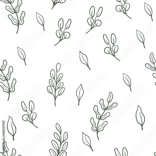 Leaves and branches seamless pattern. Floral background texture. Monochromatic nature design.