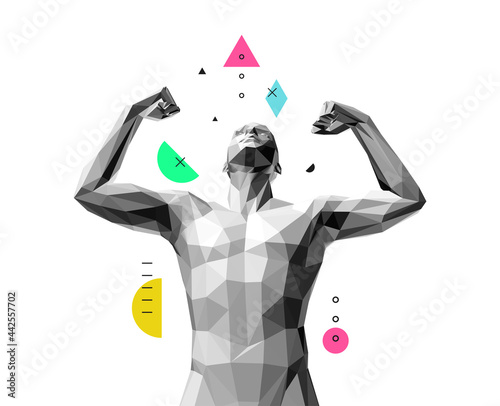 Champion raising both hands in the air as a true winner. Victory and freedom. Strong man raising hands up. Sport symbol. Leadership or workout bodybuilding concept. Vector illustration.