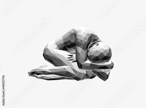 Man lying curl up on a floor. Man thinks about a problem. Despair, depression, hopelessness or addiction concept. 3D vector illustration.