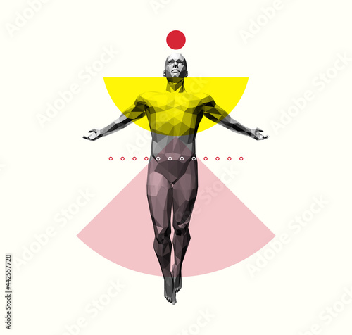 Fastion concept. Harmony of soul and body, wisdom or religion concept. State of enlightenment. Man meets eternal. Psychic mind power of meditation. 3d vector illustration.